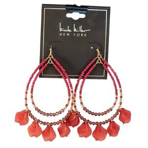 Beaded Drop Earrings Red Floral Petals Gold Hoop Pierced 3.42" Nicole Miller